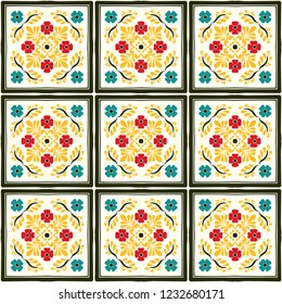 Talavera pattern. Indian patchwork. Azulejos portugal. Turkish ornament. Moroccan tile mosaic. Ceramic tableware, folk print. Spanish pottery. Ethnic background. Mediterranean seamless wallpaper.