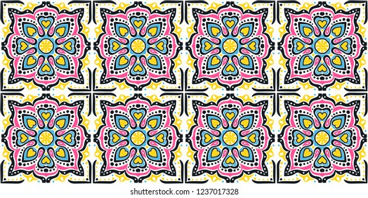 Talavera pattern.  Indian patchwork. Azulejos portugal. Turkish ornament. Moroccan tile mosaic. Ceramic tableware, folk print. Spanish pottery. Ethnic background. Mediterranean seamless  wallpaper.