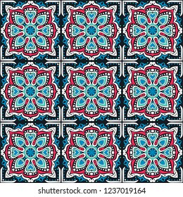Talavera pattern.  Indian patchwork. Azulejos portugal. Turkish ornament. Moroccan tile mosaic. Ceramic tableware, folk print. Spanish pottery. Ethnic background. Mediterranean seamless  wallpaper.