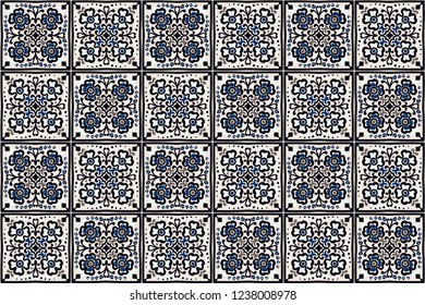 Talavera pattern.  Indian patchwork. Azulejos portugal. Turkish ornament. Moroccan tile mosaic. Ceramic tableware, folk print. Spanish pottery. Ethnic background. Mediterranean seamless  wallpaper.