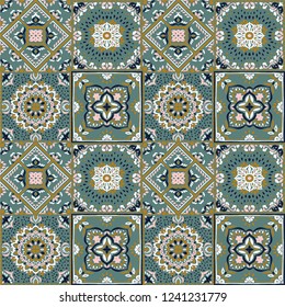 Talavera pattern.  Indian patchwork. Azulejos portugal. Turkish ornament. Moroccan tile mosaic. Ceramic tableware, folk print. Spanish pottery. Ethnic background. Mediterranean seamless  wallpaper.