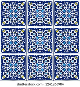 Talavera pattern.  Indian patchwork. Azulejos portugal. Turkish ornament. Moroccan tile mosaic. Ceramic tableware, folk print. Spanish pottery. Ethnic background. Mediterranean seamless  wallpaper.