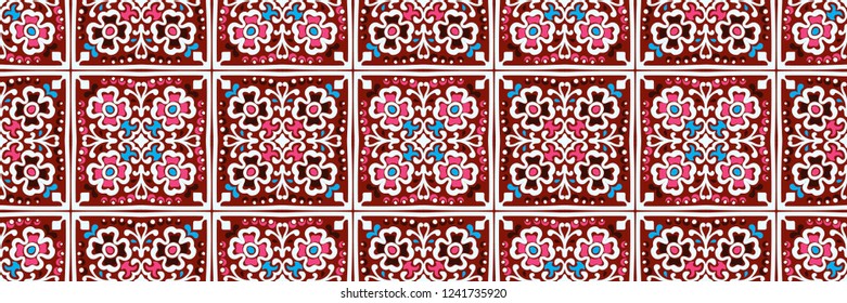 Talavera pattern.  Indian patchwork. Azulejos portugal. Turkish ornament. Moroccan tile mosaic. Ceramic tableware, folk print. Spanish pottery. Ethnic background. Mediterranean seamless  wallpaper.