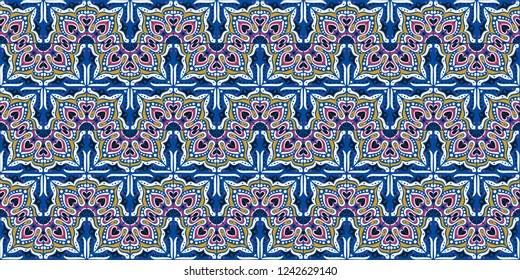 Talavera pattern.  Indian patchwork. Azulejos portugal. Turkish ornament. Moroccan tile mosaic. Ceramic tableware, folk print. Spanish pottery. Ethnic background. Mediterranean seamless  wallpaper.