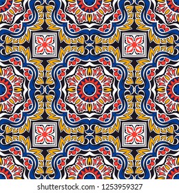 Talavera pattern.  Indian patchwork. Azulejos portugal. Turkish ornament. Moroccan tile mosaic. Ceramic tableware, folk print. Spanish pottery. Ethnic background. Mediterranean seamless  wallpaper.