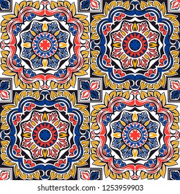 Talavera pattern.  Indian patchwork. Azulejos portugal. Turkish ornament. Moroccan tile mosaic. Ceramic tableware, folk print. Spanish pottery. Ethnic background. Mediterranean seamless  wallpaper.