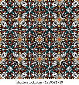 Talavera pattern.  Indian patchwork. Azulejos portugal. Turkish ornament. Moroccan tile mosaic. Ceramic tableware, folk print. Spanish pottery. Ethnic background. Mediterranean seamless  wallpaper.
