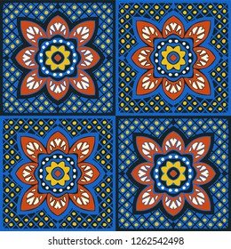 Talavera pattern.  Indian patchwork. Azulejos portugal. Turkish ornament. Moroccan tile mosaic. Ceramic tableware, folk print. Spanish pottery. Ethnic background. Mediterranean seamless  wallpaper.