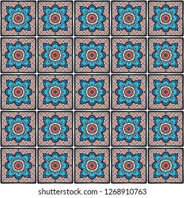 Talavera pattern.  Indian patchwork. Azulejos portugal. Turkish ornament. Moroccan tile mosaic. Ceramic tableware, folk print. Spanish pottery. Ethnic background. Mediterranean seamless  wallpaper.