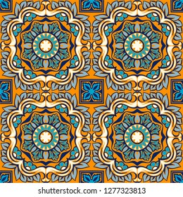 Talavera pattern.  Indian patchwork. Azulejos portugal. Turkish ornament. Moroccan tile mosaic. Ceramic tableware, folk print. Spanish pottery. Ethnic background. Mediterranean seamless  wallpaper.