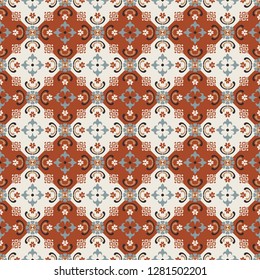 Talavera pattern.  Indian patchwork. Azulejos portugal. Turkish ornament. Moroccan tile mosaic. Ceramic tableware, folk print. Spanish pottery. Ethnic background. Mediterranean seamless  wallpaper.