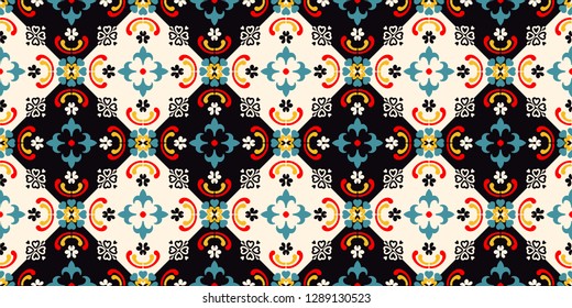 Talavera pattern.  Indian patchwork. Azulejos portugal. Turkish ornament. Moroccan tile mosaic. Ceramic tableware, folk print. Spanish pottery. Ethnic background. Mediterranean seamless  wallpaper.
