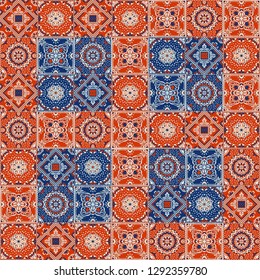 Talavera pattern.  Indian patchwork. Azulejos portugal. Turkish ornament. Moroccan tile mosaic. Ceramic tableware, folk print. Spanish pottery. Ethnic background. Mediterranean seamless  wallpaper.