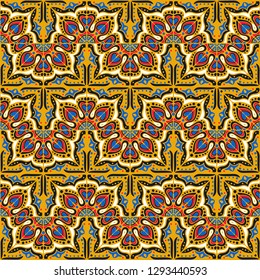 Talavera pattern.  Indian patchwork. Azulejos portugal. Turkish ornament. Moroccan tile mosaic. Ceramic tableware, folk print. Spanish pottery. Ethnic background. Mediterranean seamless  wallpaper.