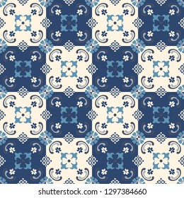 Talavera pattern.  Indian patchwork. Azulejos portugal. Turkish ornament. Moroccan tile mosaic. Ceramic tableware, folk print. Spanish pottery. Ethnic background. Mediterranean seamless  wallpaper.