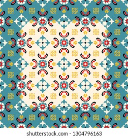 Talavera pattern.  Indian patchwork. Azulejos portugal. Turkish ornament. Moroccan tile mosaic. Ceramic tableware, folk print. Spanish pottery. Ethnic background. Mediterranean seamless  wallpaper.