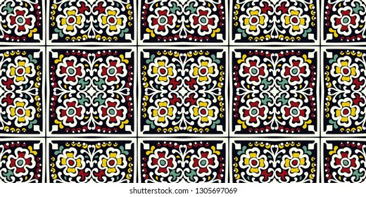Talavera pattern.  Indian patchwork. Azulejos portugal. Turkish ornament. Moroccan tile mosaic. Ceramic tableware, folk print. Spanish pottery. Ethnic background. Mediterranean seamless  wallpaper.