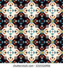 Talavera pattern.  Indian patchwork. Azulejos portugal. Turkish ornament. Moroccan tile mosaic. Ceramic tableware, folk print. Spanish pottery. Ethnic background. Mediterranean seamless  wallpaper.