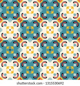 Talavera pattern.  Indian patchwork. Azulejos portugal. Turkish ornament. Moroccan tile mosaic. Ceramic tableware, folk print. Spanish pottery. Ethnic background. Mediterranean seamless  wallpaper.