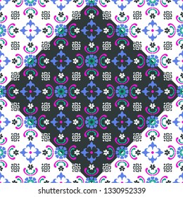 Talavera pattern.  Indian patchwork. Azulejos portugal. Turkish ornament. Moroccan tile mosaic. Ceramic tableware, folk print. Spanish pottery. Ethnic background. Mediterranean seamless  wallpaper.