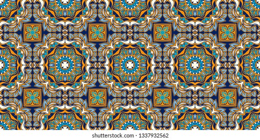Talavera pattern.  Indian patchwork. Azulejos portugal. Turkish ornament. Moroccan tile mosaic. Ceramic tableware, folk print. Spanish pottery. Ethnic background. Mediterranean seamless  wallpaper.