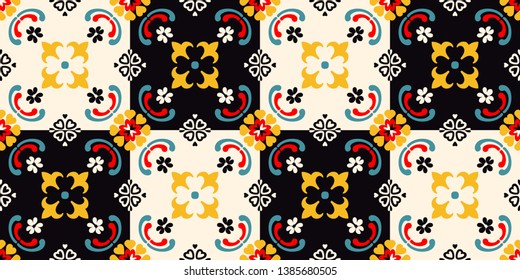 Talavera pattern.  Indian patchwork. Azulejos portugal. Turkish ornament. Moroccan tile mosaic. Ceramic tableware, folk print. Spanish pottery. Ethnic background. Mediterranean seamless  wallpaper.