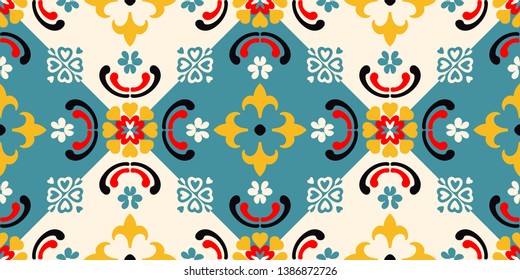 Talavera pattern.  Indian patchwork. Azulejos portugal. Turkish ornament. Moroccan tile mosaic. Ceramic tableware, folk print. Spanish pottery. Ethnic background. Mediterranean seamless  wallpaper.