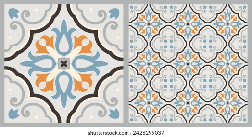 Talavera pattern. Indian patchwork. Azulejos Portugal. Turkish ornament. Moroccan tile mosaic. Ceramic tableware, folk print. Spanish pottery. Ethnic background. Mediterranean seamless wallpaper.