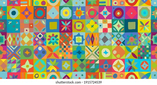 Talavera pattern. Indian patchwork. Turkish ornament. Moroccan tile mosaic. Spanish decoration. Ethnic background. Seamless pattern for your design. Vector illustration