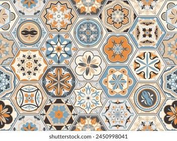 Talavera pattern. Indian patchwork, Turkish ornament. Moroccan mosaic. Ceramic dishes, folk print. Spanish pottery. Antique Moroccan, Portuguese hexagonal tiles. Mediterranean seamless vector.