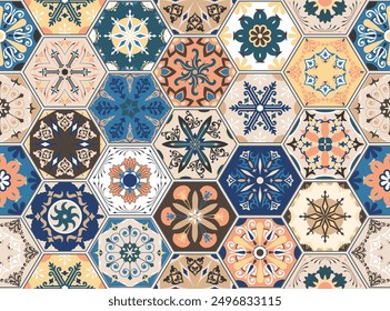 Patrón de talavera. Patchwork indio, adorno turco. Mosaico marroquí. Platos de cerámica, estampado popular. Cerámica española. Antiguo marroquí, azulejos hexagonales portugueses. Vector mediterráneo sin costuras.