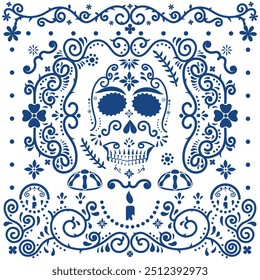 Talavera Poblana Design Inspirado pelo Dia dos Mortos com Crânios e Motivos Florais. Telha cerâmica folclore étnico em estilo Talavera com ornamento floral azul marinho para o dia dos mortos.