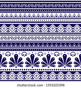 Talavera Poblana vector seamless pattern inspired by traditional Mexican decorated pottery and ceramics in navy blue on white background. Retro floral and goemetric ornament 