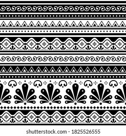 Talavera Poblana vector seamless pattern inspired by traditional Mexican decorated pottery and ceramics in black and white. Retro floral and goemetric ornament inspired by handmade Puebla pottery 