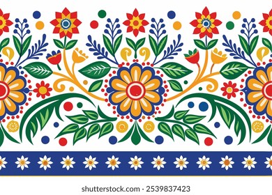 Talavera Poblano Vetor Padrão Horizontal Sem Costura Inspirado na ilustração tradicional mexicana de cerâmica sobre fundo branco