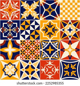 Talavera style colorful tiles design. Mexican or Spanish ceramic tile set with various ornaments. Seamless pattern.