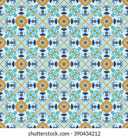 Talavera tile. Vibrant Mexican seamless pattern, originally from Morocco and Lisbon. For fabric, textile, patchwork, flooring and walls