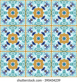 Talavera tile. Vibrant Mexican seamless pattern, originally from Morocco and Lisbon. For fabric, textile, patchwork, flooring and walls