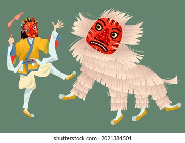 Talchum. Traditional ritual Korean mask dance. Lion dance. Vector illustration