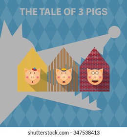 The tale of 3 pigs. Vector flat illustration. For cards, invitations, backgrounds, and scrapbooks. 