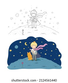 Tale of a boy, a rose, a planet and a fox. Little king. Illustration for coloring books. Monochrome and colored versions.