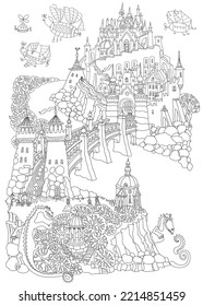 tale castle on a hill, fantasy aerostat, river, stone arch bridge and funny dragons. Сhildren and adults сoloring book page