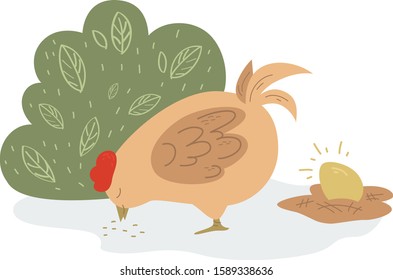 Tale of chicken pock and a golden egg. Russian folk tale, chicken pecks grain against a bush, next to an egg in a nest