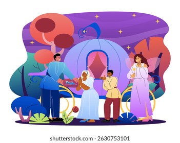 Tale of Cinderella. Woman in white dress near men in royal clothes and pumpkin carriage. Fantasy and fiction. Fictional characters in fairy tale. Flat vector illustration