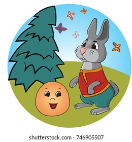  Tale of Kolobok. Russian creativity. Funny pictures with animals and a fictional character. For young children. To read the children's collective. Illustration for a fairy book. Vector illustration.