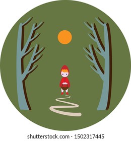 The Tale of the Little Red Riding Hood. A little girl walks through the woods alone. Illustration for a children's book.
