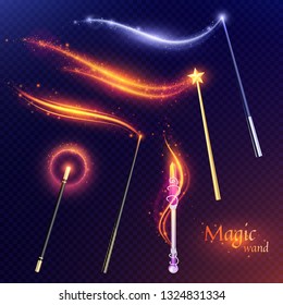 Tale set of flying magic wands with effect of  golden and silver glitters on transparent background vector illustration