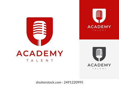 Talent Academy Bold Red Microphone Shield Logo Diseño para el programa de desarrollo de talento