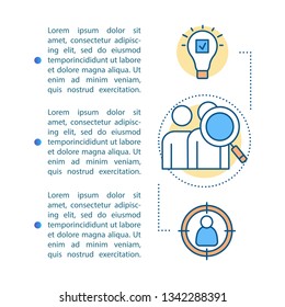 Talent acquisition article page vector template. Talent marketplace. Brochure, magazine, booklet design element with linear icons and text boxes. Print design. Concept illustrations with text space