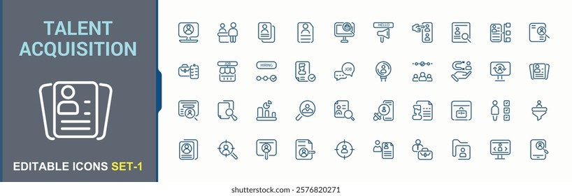Talent Acquisition icons set in linear style. Contains such icons as career, partnership, people, contract, employee, team and more. Simple line vector. Editable stroke. Vector illustration.
